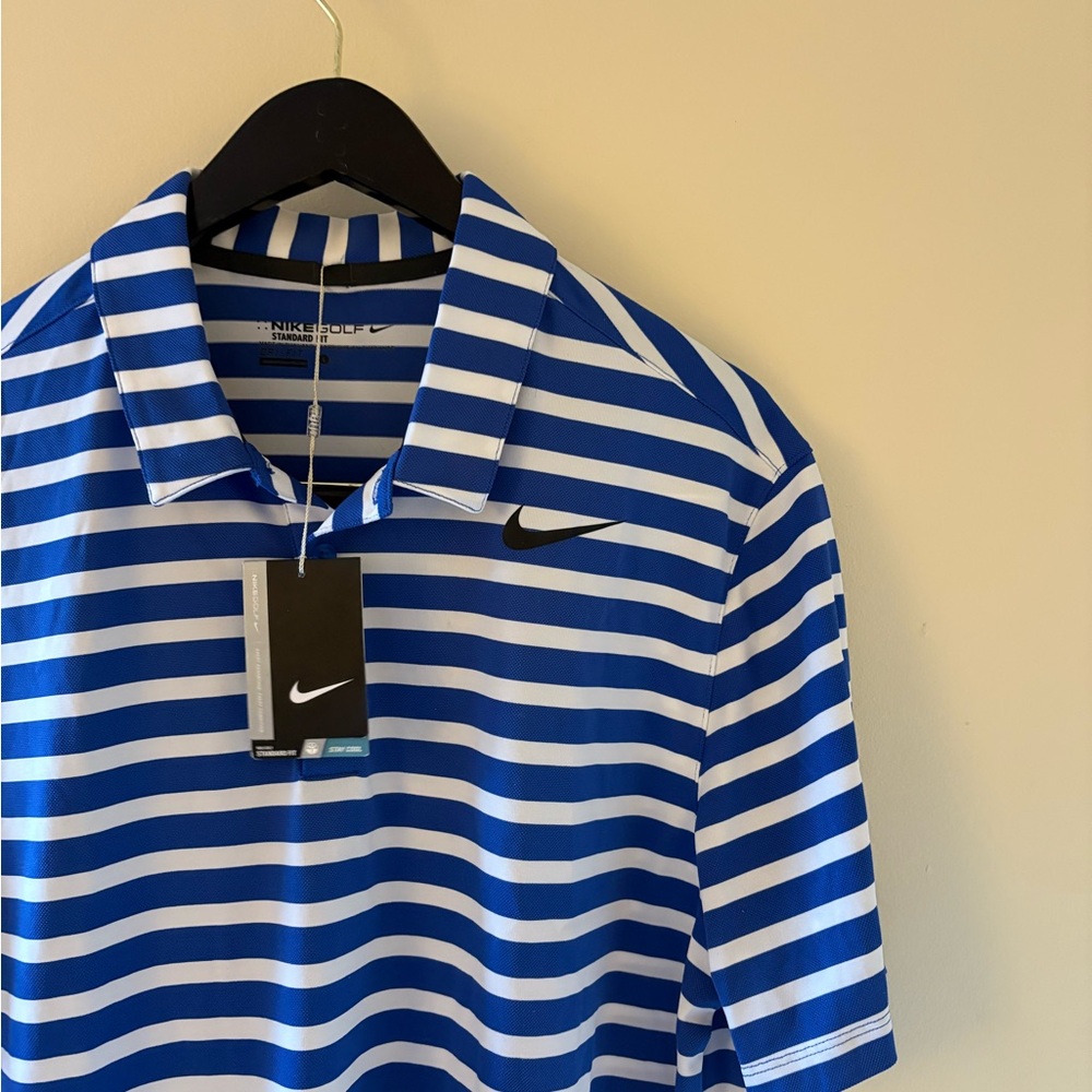 Nike Men's White and Blue Striped Polo Shirt